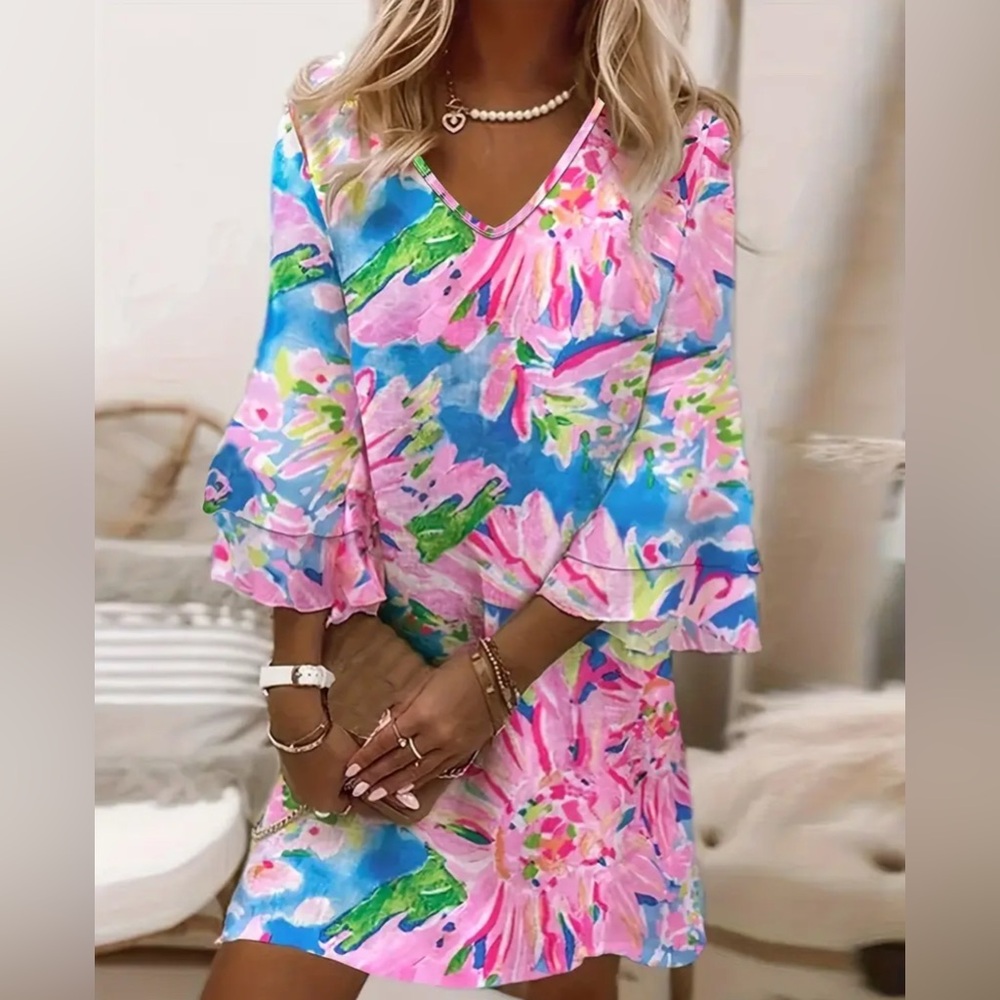 Floral V-Neck Dress with Bell Sleeves